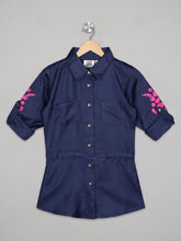 Load image into Gallery viewer, Blue color shirt dress for girls with embroidered sleeves
