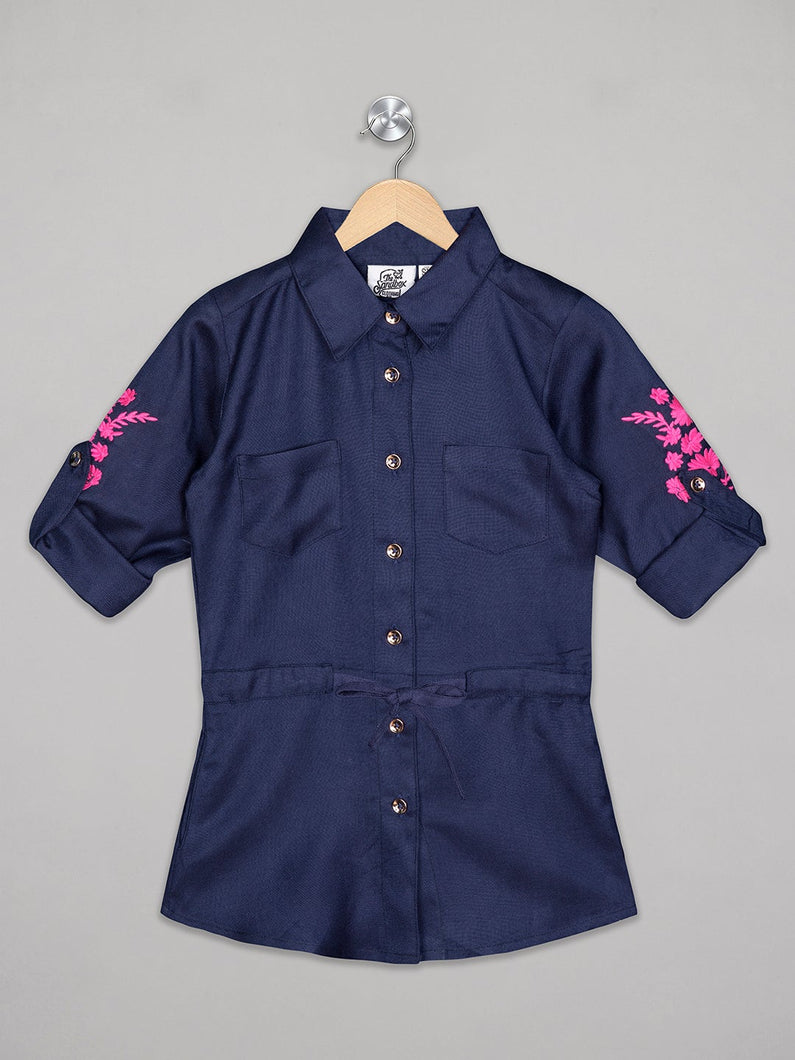 Blue color shirt dress for girls with embroidered sleeves