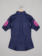 Load image into Gallery viewer, Navy color shirt dress for girls with embroidered sleeves
