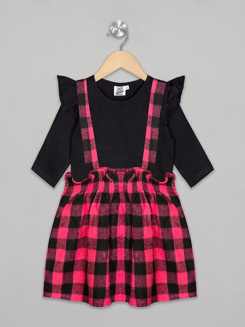 Red and black checks skirt with black top for girls
