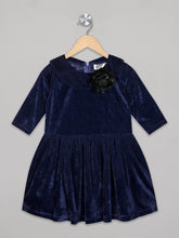 Load image into Gallery viewer, Navy velvet knee length frock for girls with flower attachment
