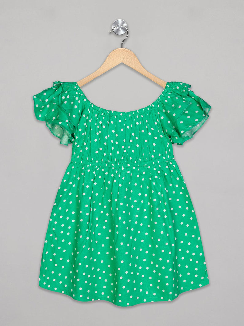 Green polka dot short sleeves knee length frock for girls