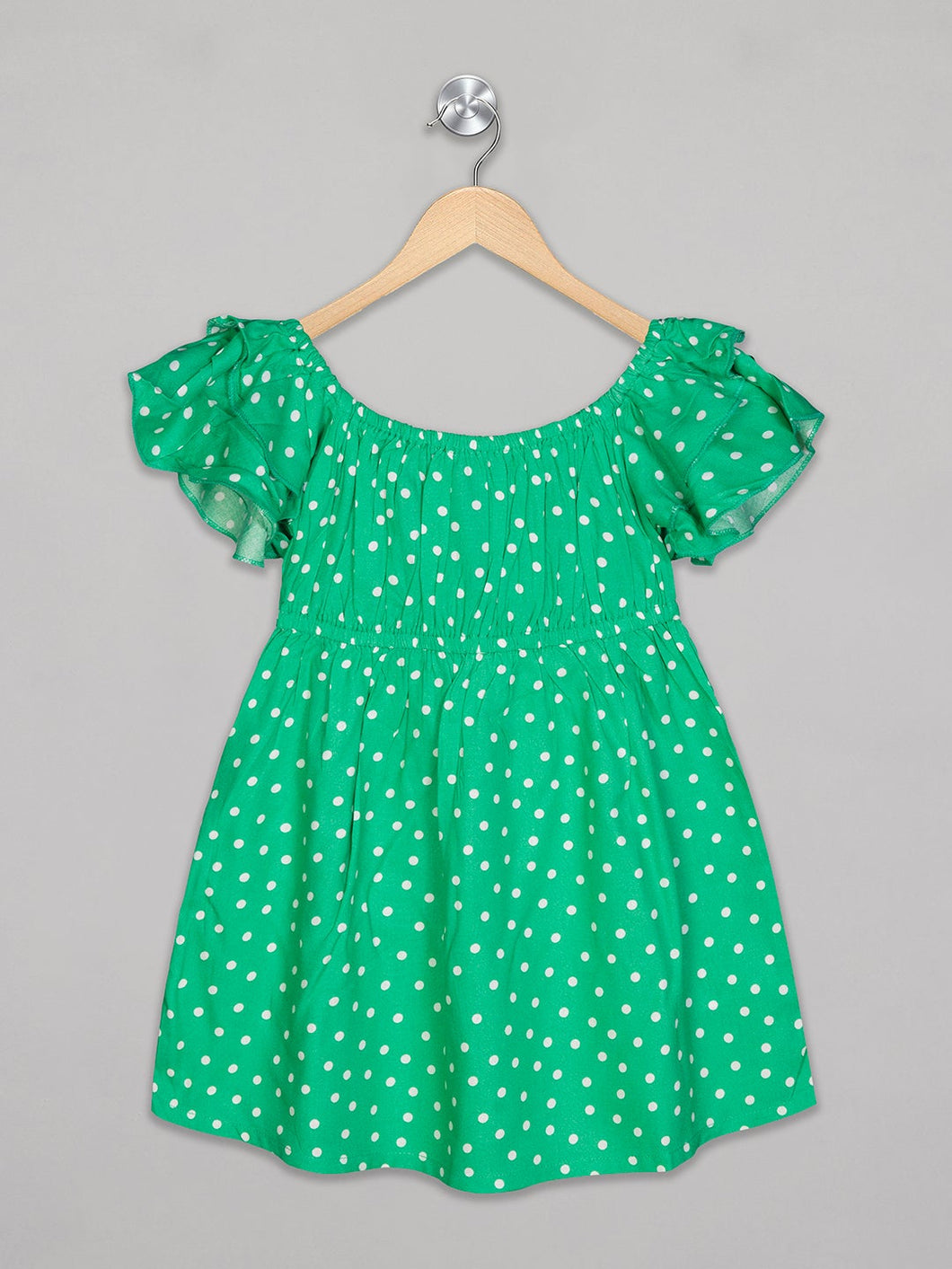 Green polka dot short sleeves knee length frock for girls