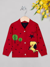 Load image into Gallery viewer, Unisex winter woolen full sleeves round neck front open buttons sweater in red
