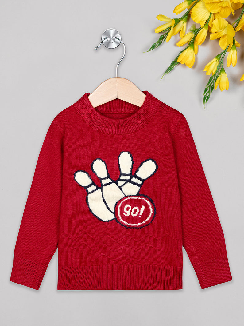 Boys winter woolen full sleeves round neck sweater in red and white combination