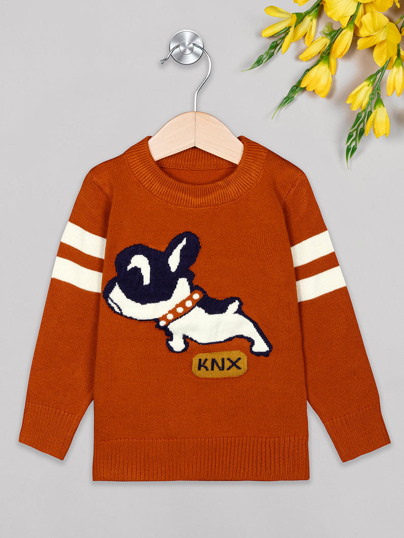 Boys winter woolen full sleeves round neck sweater in orange and white combination