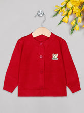 Load image into Gallery viewer, Girls winter woolen full sleeves round neck front open buttons sweater in red
