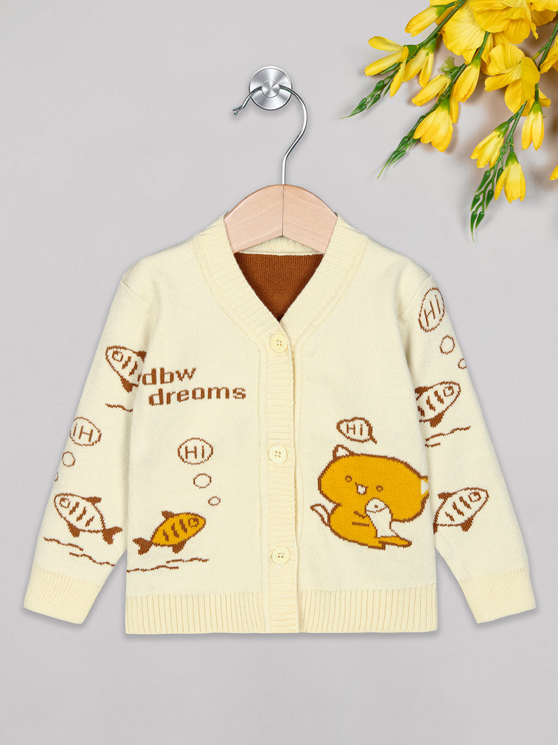 Unisex winter woolen full sleeves round neck front open buttons sweater in white and yellow combination