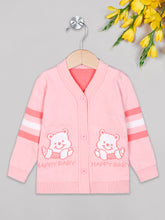 Load image into Gallery viewer, Unisex winter woolen full sleeves round neck front open buttons sweater in pink 
