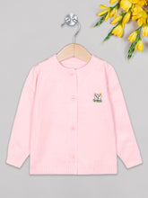 Load image into Gallery viewer, Girls winter woolen full sleeves round neck front open buttons sweater in pink
