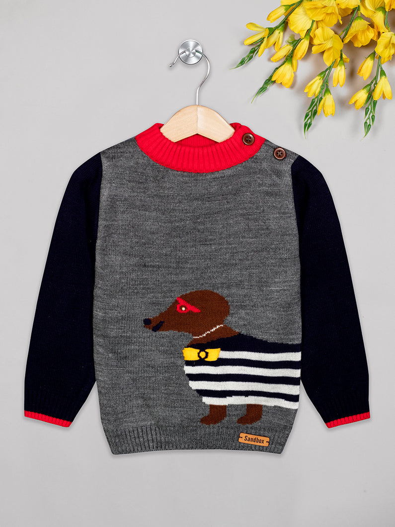 Boys winter woolen full sleeves round neck  sweater in grey and navy combination