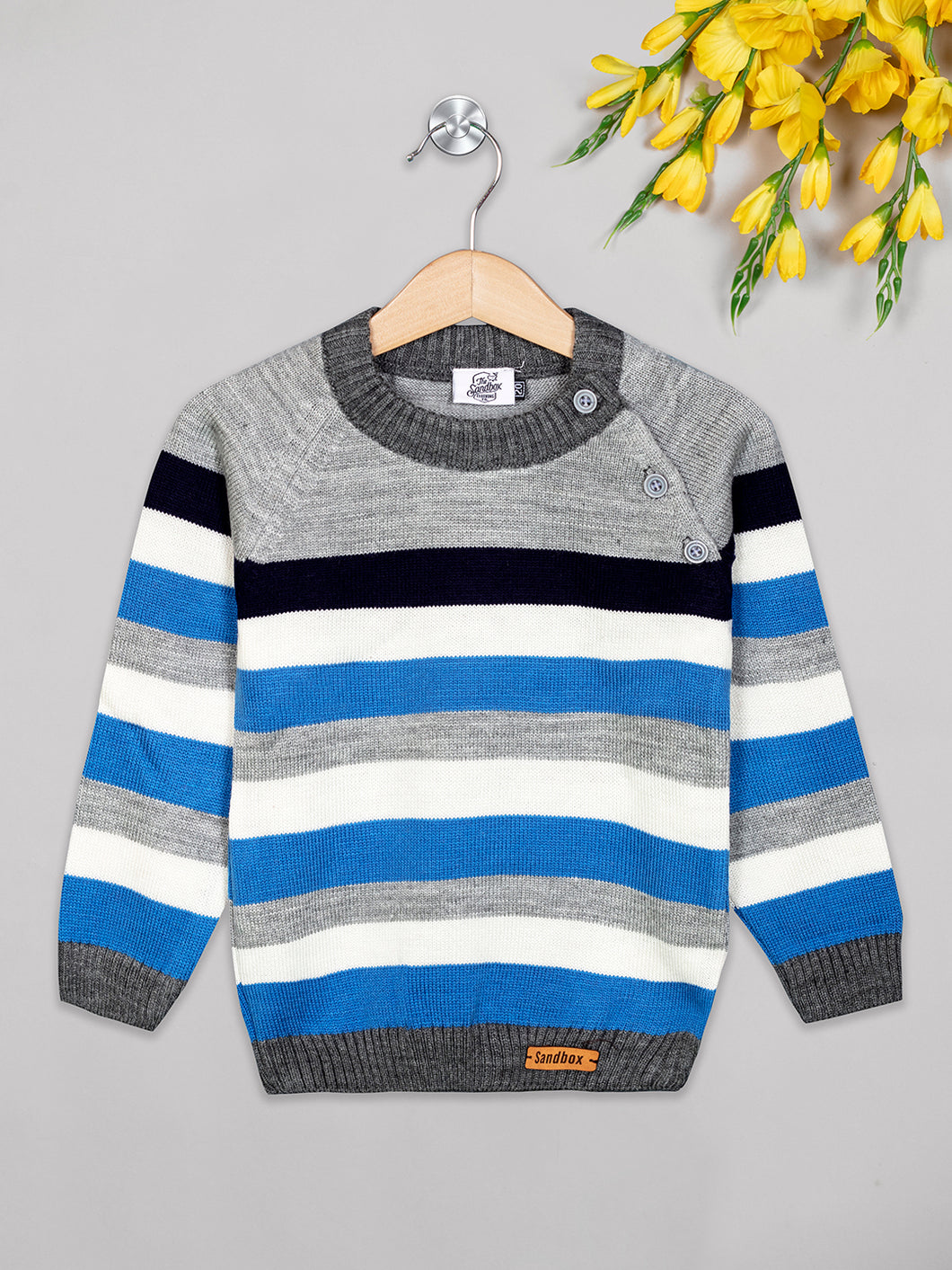 Boys winter woolen full sleeves round neck stripes sweater in grey, white and blue combinatin