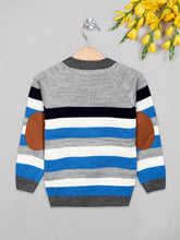 Load image into Gallery viewer, Boys winter woolen full sleeves round neck stripes sweater in grey, white and blue combinatin
