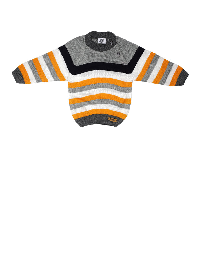 Boys winter woolen full sleeves round neck stripes sweater in grey, yellow, white and black combination