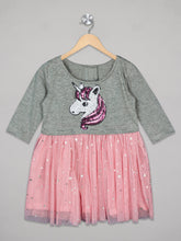 Load image into Gallery viewer, Unicorn sequence embroidery 3/4th sleeves grey and pink knee length frock for girls in knit and net
