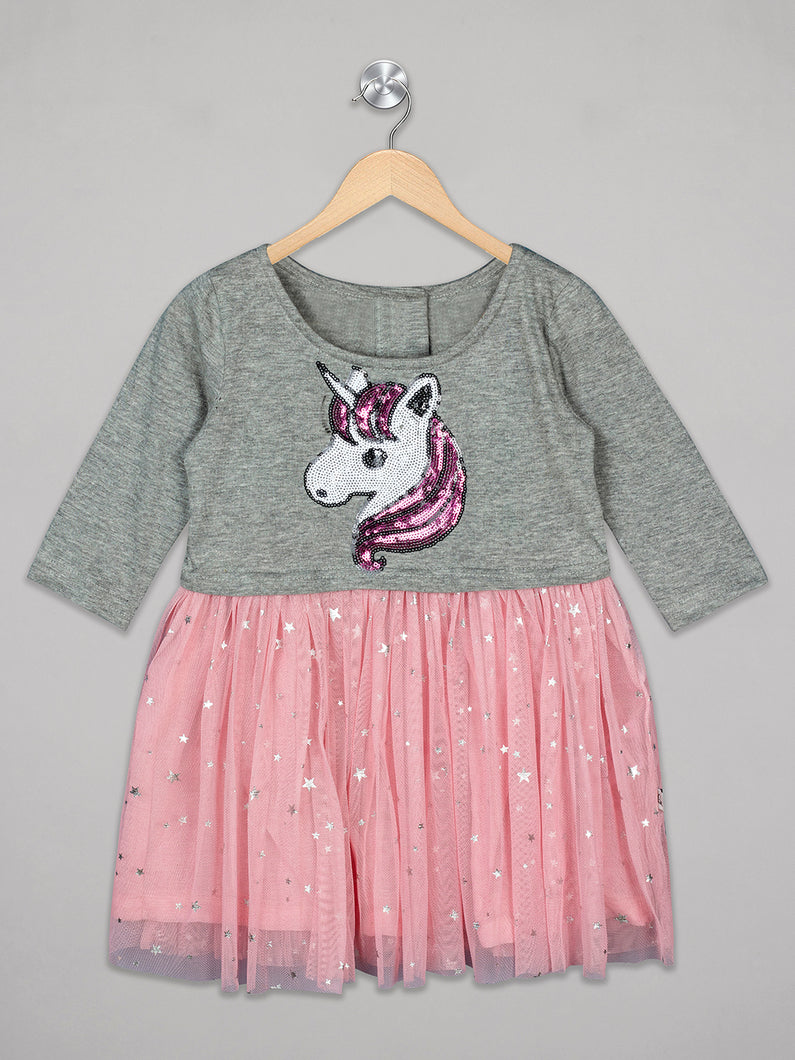 Unicorn sequence embroidery 3/4th sleeves grey and pink knee length frock for girls in knit and net